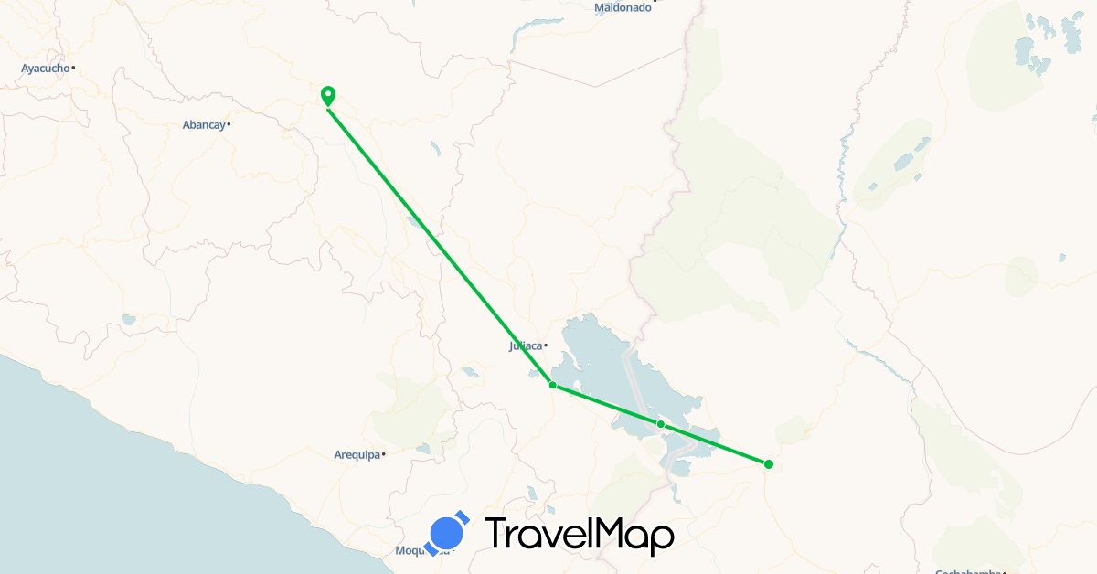 TravelMap itinerary: bus, plane in Bolivia, Peru (South America)